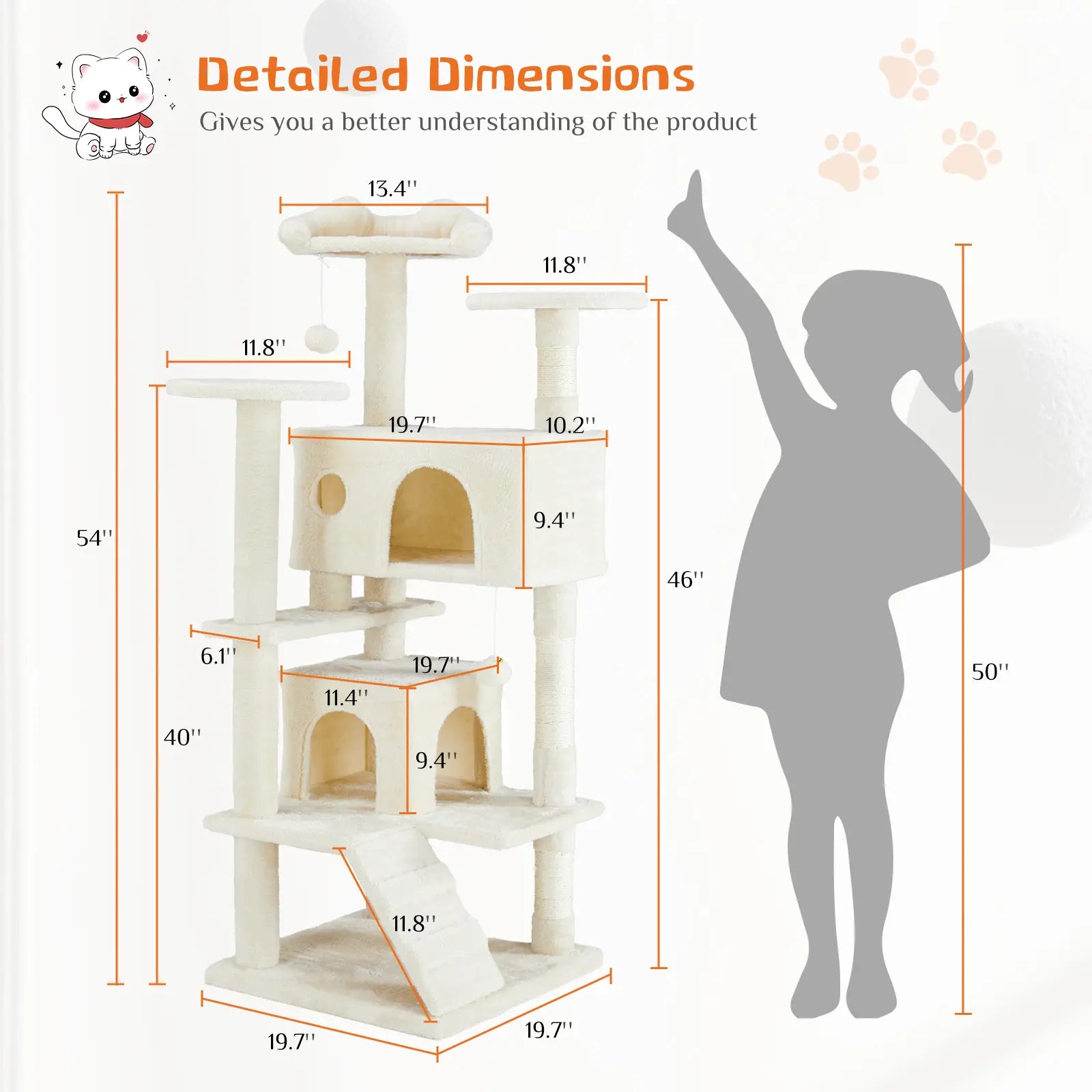 Pettrove Cat Tree Tower for Indoor Cats, Tall Multi-Level Pet Furniture, Stable Kitty Play House with Sisal Scratching Post, Large Condo, Climbing Ladder, Plush Toy for Kitten Cat Treehouse