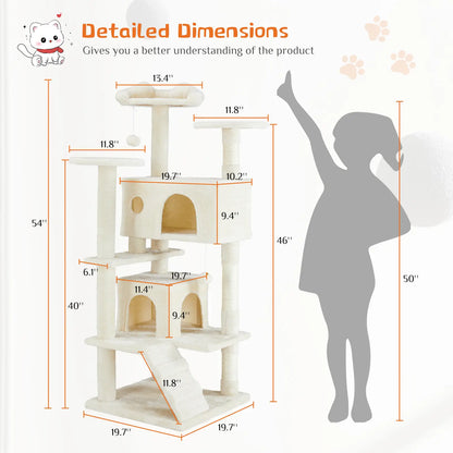 Pettrove Cat Tree Tower for Indoor Cats, Tall Multi-Level Pet Furniture, Stable Kitty Play House with Sisal Scratching Post, Large Condo, Climbing Ladder, Plush Toy for Kitten Cat Treehouse
