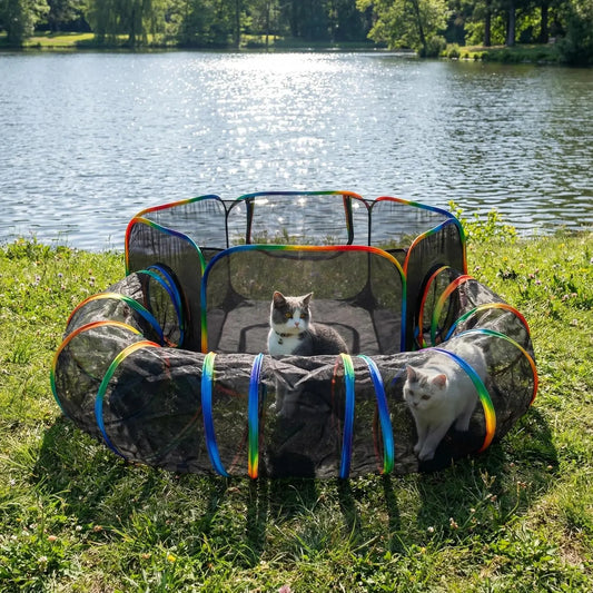 Outdoor Rainbow Cat Enclosure — Portable Tent with Tunnel & Storage Bag