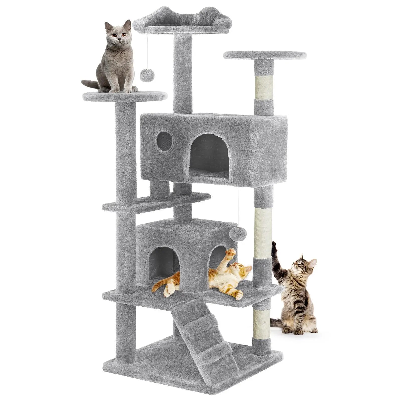 Pettrove Cat Tree Tower for Indoor Cats, Tall Multi-Level Pet Furniture, Stable Kitty Play House with Sisal Scratching Post, Large Condo, Climbing Ladder, Plush Toy for Kitten Cat Treehouse