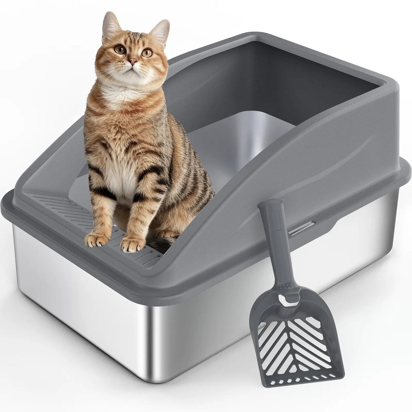 AIPERRO XL Stainless Steel Cat Litter Box High Sided, Anti-Urine Leakage for Large&Small Cats, Easy to Clean with Scoop for Multi-Cat Homes Non-Sticky Absorbs Odors Deals