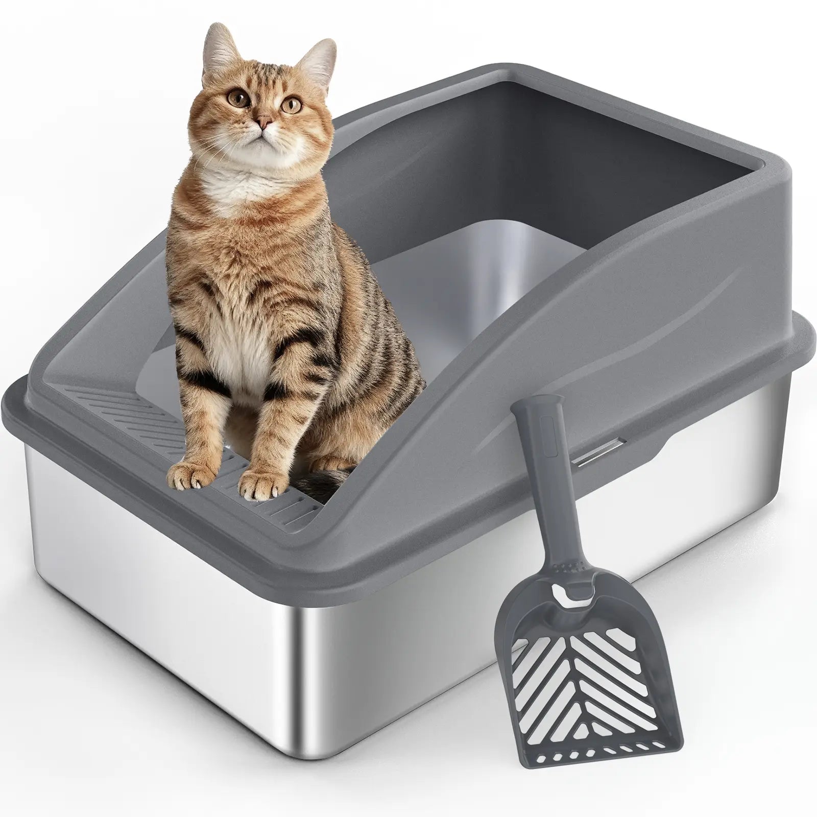 AIPERRO XL Stainless Steel Cat Litter Box High Sided, Anti-Urine Leakage for Large&Small Cats, Easy to Clean with Scoop for Multi-Cat Homes Non-Sticky Absorbs Odors Deals