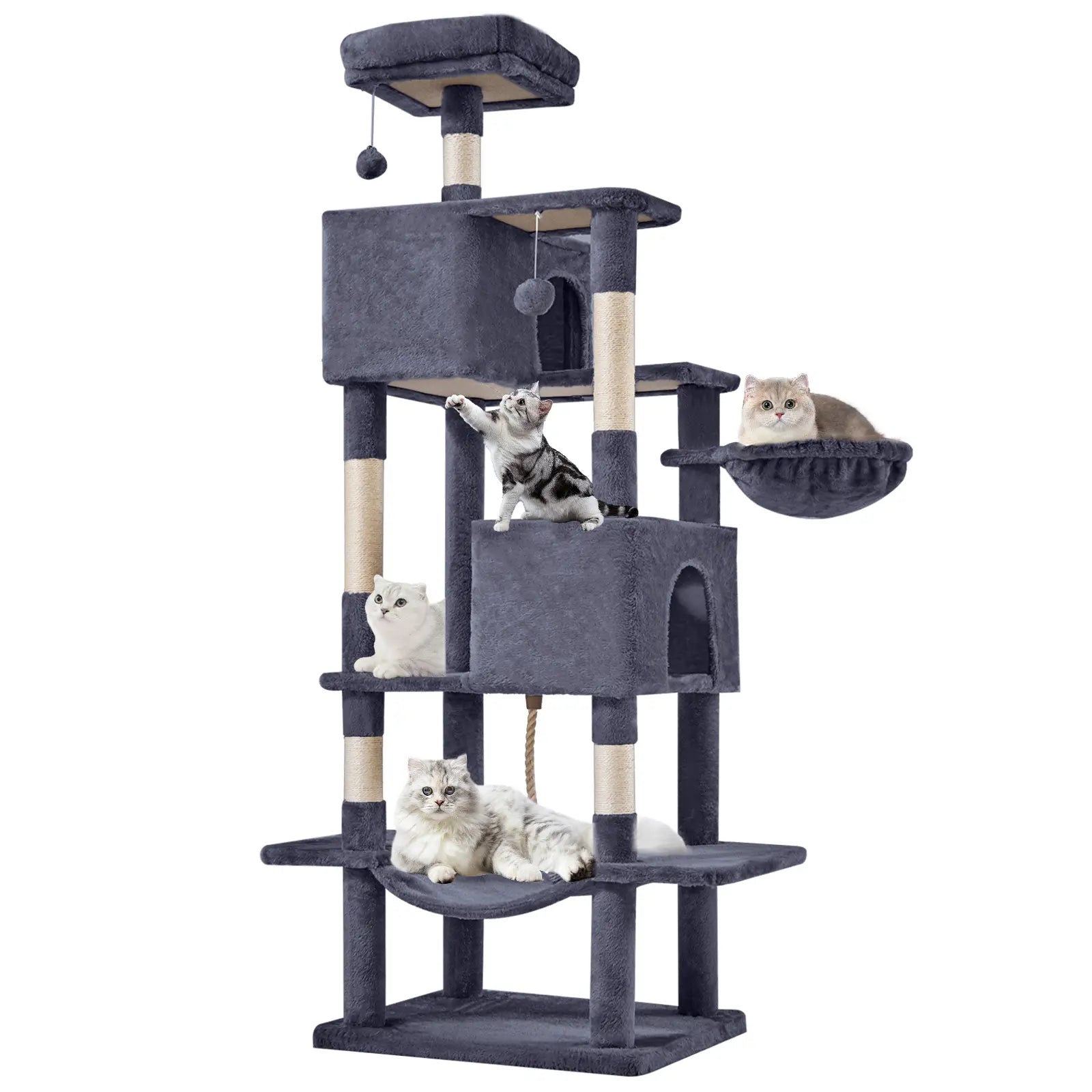 Pettrove Cat Tree Tower for Indoor Cats, Tall Multi-Level Pet Furniture, Stable Kitty Play House with Sisal Scratching Post, Large Condo, Climbing Ladder, Plush Toy for Kitten Cat Treehouse