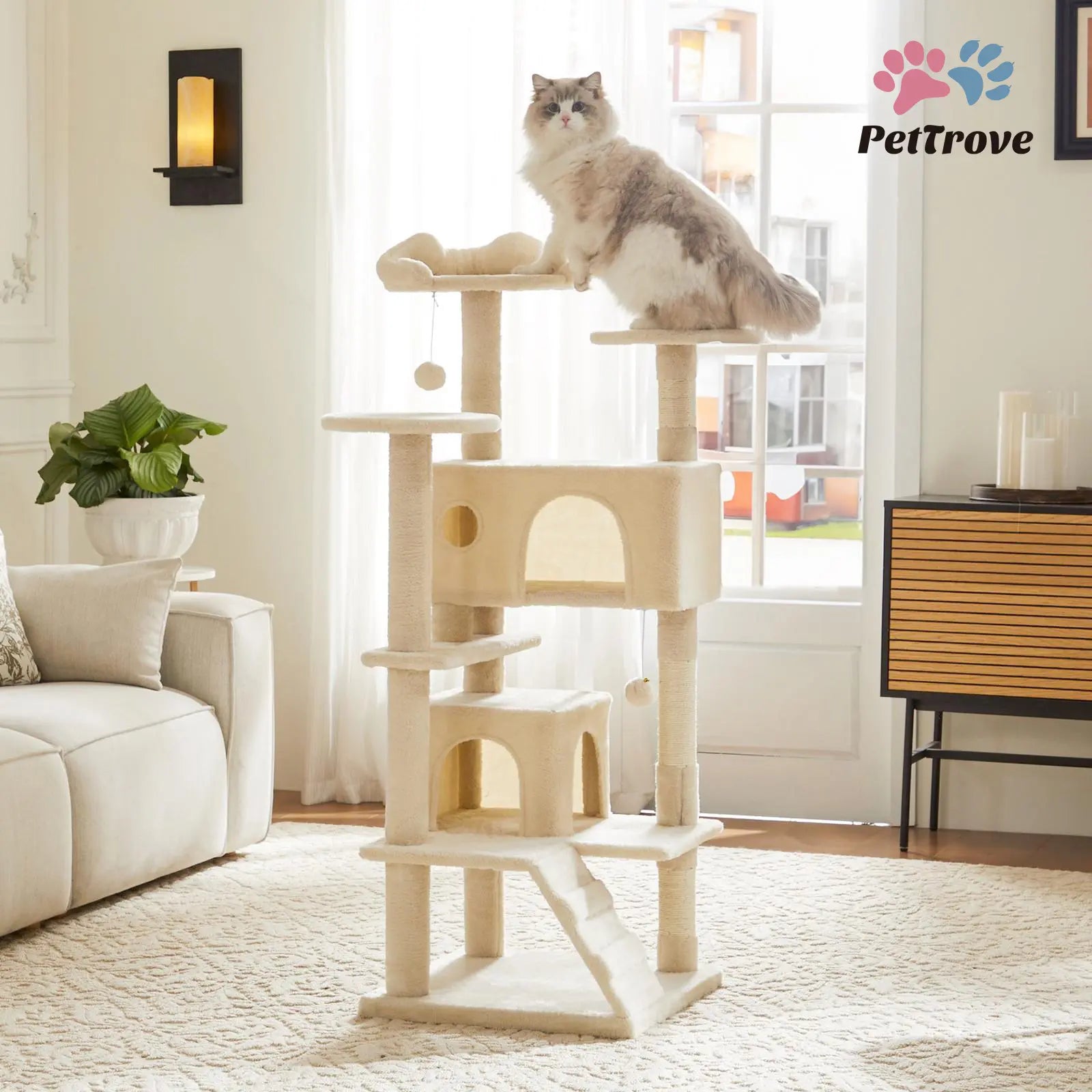Pettrove Cat Tree Tower for Indoor Cats, Tall Multi-Level Pet Furniture, Stable Kitty Play House with Sisal Scratching Post, Large Condo, Climbing Ladder, Plush Toy for Kitten Cat Treehouse