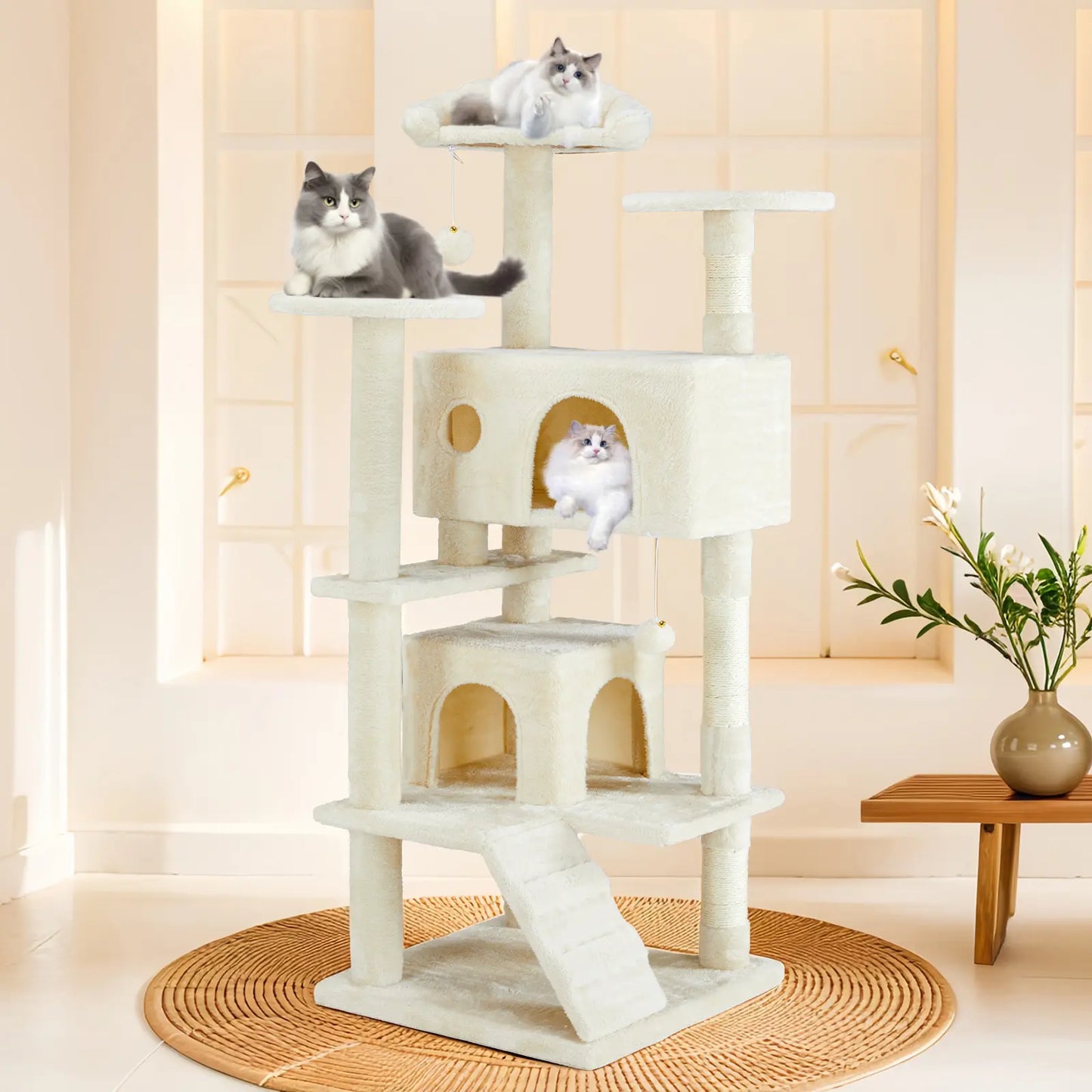 Pettrove Cat Tree Tower for Indoor Cats, Tall Multi-Level Pet Furniture, Stable Kitty Play House with Sisal Scratching Post, Large Condo, Climbing Ladder, Plush Toy for Kitten Cat Treehouse