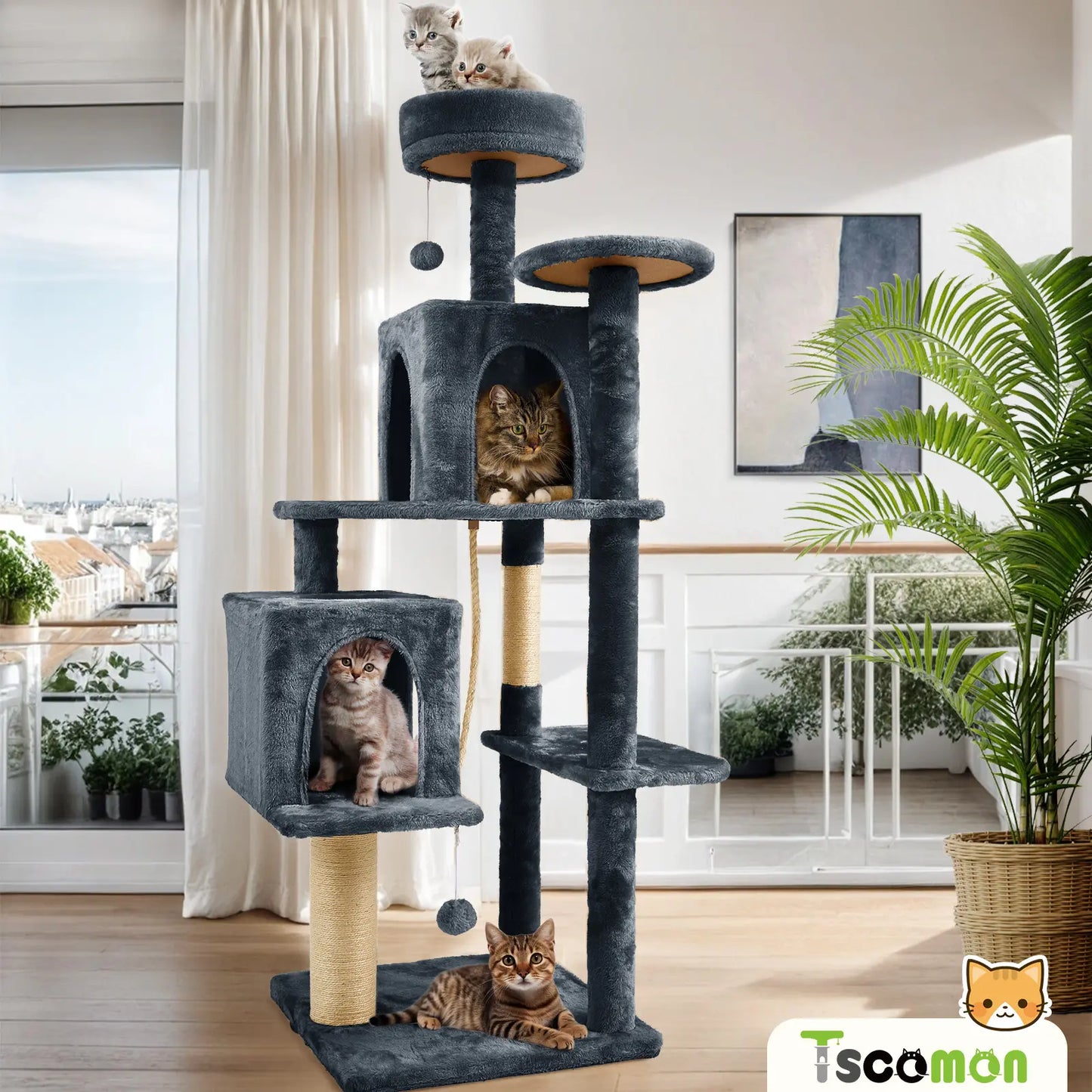 [Dealsforyoudays]Wecharmer Cat Tree / Tower for Indoor with Green Leaves, Cat Condo Cozy Plush House with Hang Ball, Pet Furniture with Scratching Posts Cat Tree,Summerwins