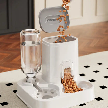 Cat Water Dispenser with Integrated Food Basin, Drinking Water Bowl, No Batteries Needed, Modern White Design for Easy Cleaning & Hydration, Suitable for Small Dogs, Durable Pet Hydration Solution, Sturdy Construction