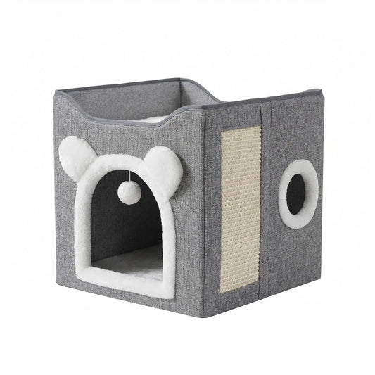 Cozy Indoor Cat House — Foldable Bed with Fluffy Balls & Soft Cushions