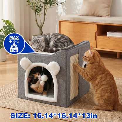 A Cat Suitable for Indoor Cats, with a Large Cat Hole for a Comfortable Apartment, Fluffy Hanging Balls, round Windows, a Foldable Indoor Cat House, Capable of Bearing up to 30 Pounds , with Double-Sided Soft Cushions,Raised Pet Bed