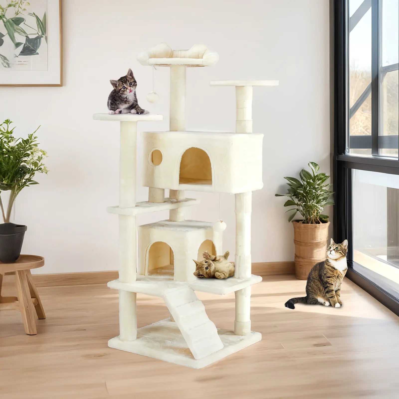 Pettrove Cat Tree Tower for Indoor Cats, Tall Multi-Level Pet Furniture, Stable Kitty Play House with Sisal Scratching Post, Large Condo, Climbing Ladder, Plush Toy for Kitten Cat Treehouse