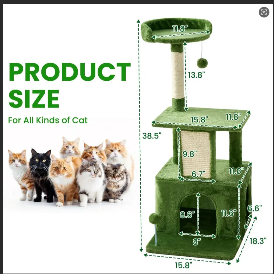 [Dealsforyoudays]Wecharmer Cat Tree / Tower for Indoor with Green Leaves, Cat Condo Cozy Plush House with Hang Ball, Pet Furniture with Scratching Posts Cat Tree,Summerwins
