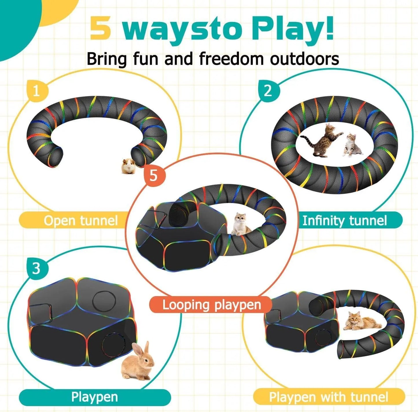 LUCKITTY Outdoor Rainbow Cat Enclosures Playground,Outside House for Indoor Cats Include Portable Cat Tent with Circle Cat Tunnel, for Cats, Kitty and Small Animals,Within Storage Bag Cage Kittens Enclosed