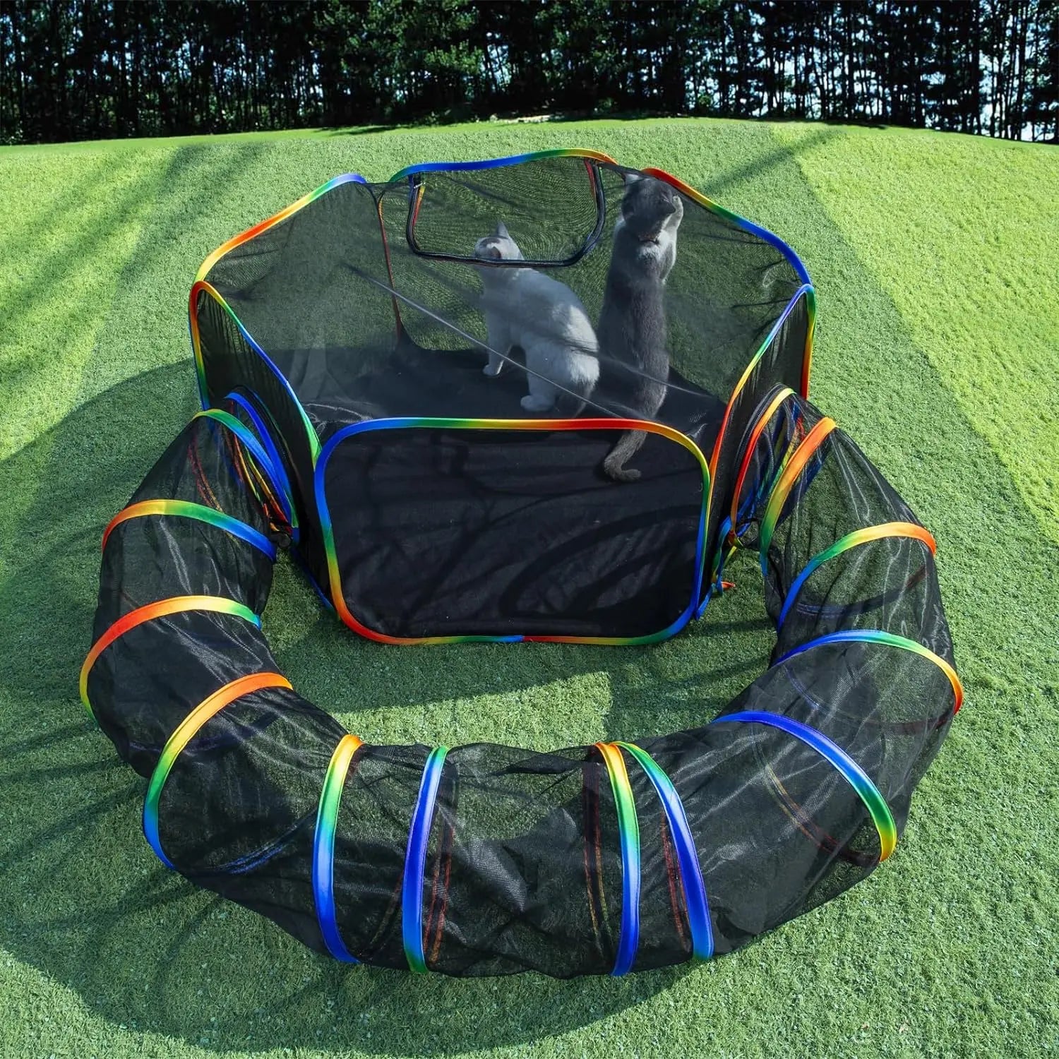 LUCKITTY Outdoor Rainbow Cat Enclosures Playground,Outside House for Indoor Cats Include Portable Cat Tent with Circle Cat Tunnel, for Cats, Kitty and Small Animals,Within Storage Bag Cage Kittens Enclosed
