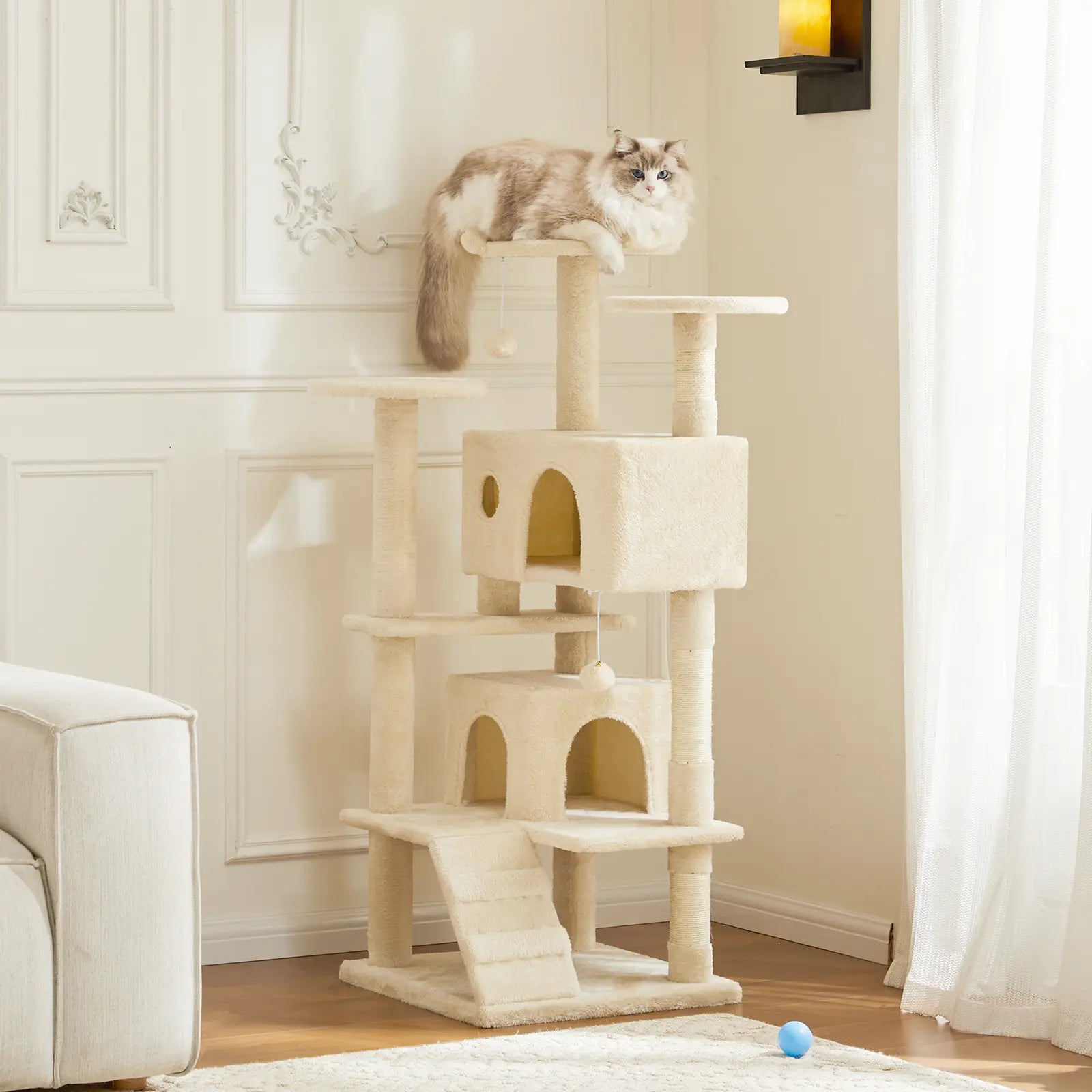 Pettrove Cat Tree Tower for Indoor Cats, Tall Multi-Level Pet Furniture, Stable Kitty Play House with Sisal Scratching Post, Large Condo, Climbing Ladder, Plush Toy for Kitten Cat Treehouse