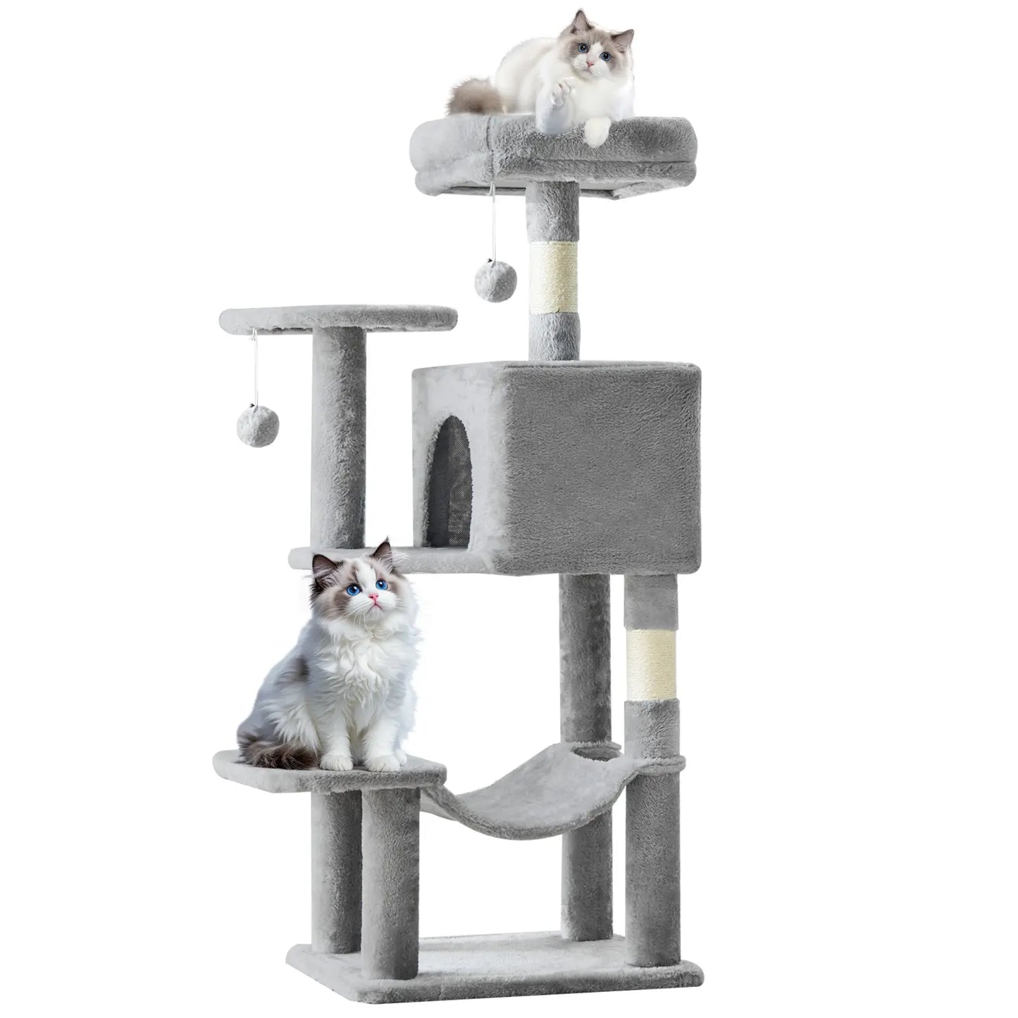 Pettrove Cat Tree Tower for Indoor Cats, Tall Multi-Level Pet Furniture, Stable Kitty Play House with Sisal Scratching Post, Large Condo, Climbing Ladder, Plush Toy for Kitten Cat Treehouse