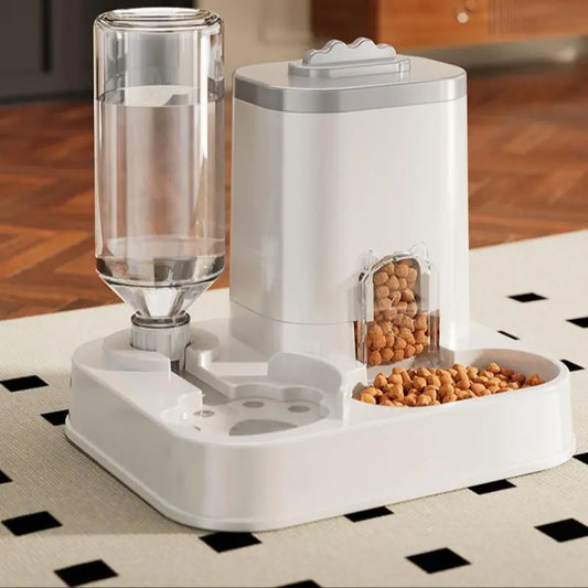 Cat Water Dispenser with Food Bowl — Modern White, No Batteries Needed