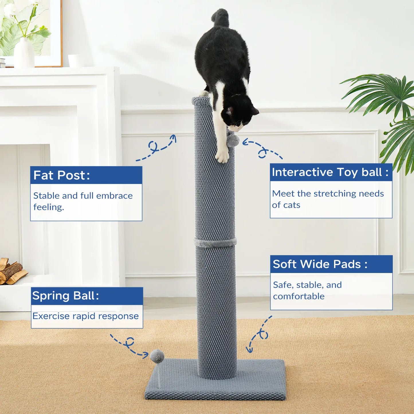 MADE 4 PETS 41-Inch Tall Gray Vertical Scratcher for Indoor Cats, Large Sisal Post with Replaceable Toys, Sturdy Base, Solid Construction & Space-Saving Design