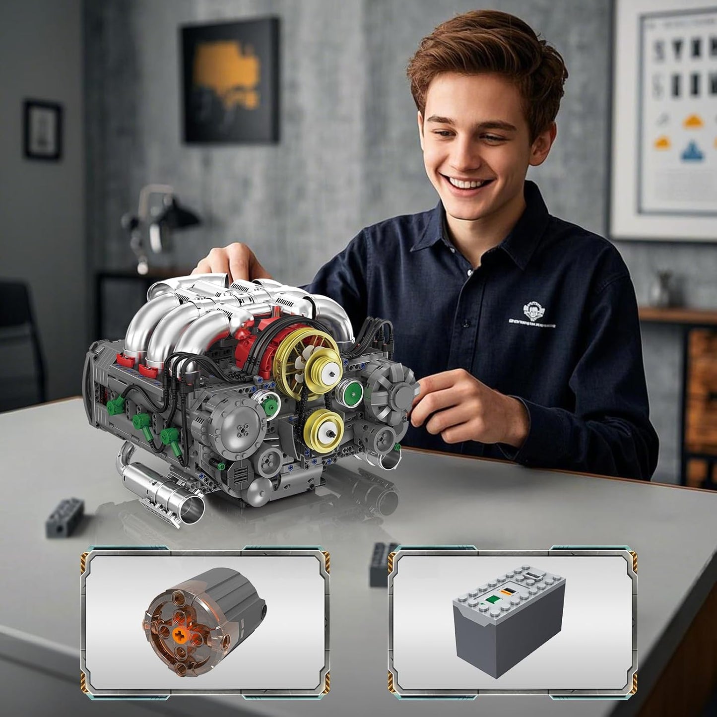 Flat V8 Engine Model (Motorized, 2375+ Pcs)