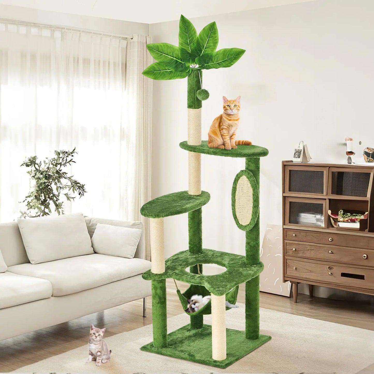 [Dealsforyoudays]Wecharmer Cat Tree / Tower for Indoor with Green Leaves, Cat Condo Cozy Plush House with Hang Ball, Pet Furniture with Scratching Posts Cat Tree,Summerwins