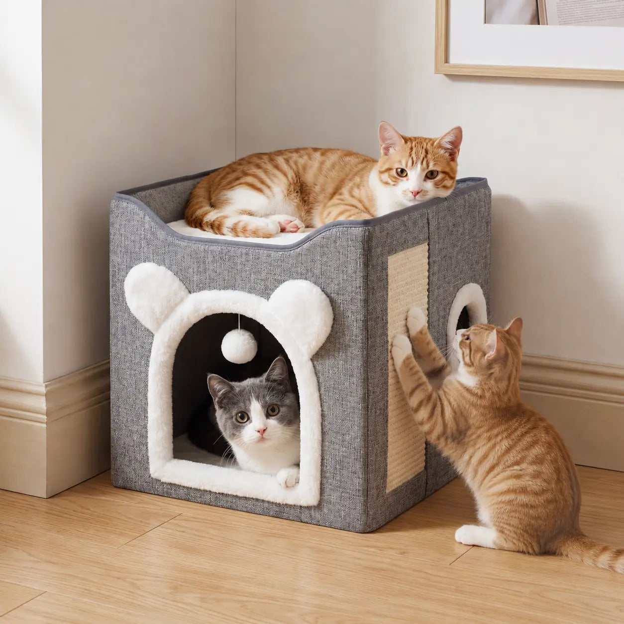 A Cat Suitable for Indoor Cats, with a Large Cat Hole for a Comfortable Apartment, Fluffy Hanging Balls, round Windows, a Foldable Indoor Cat House, Capable of Bearing up to 30 Pounds , with Double-Sided Soft Cushions,Raised Pet Bed
